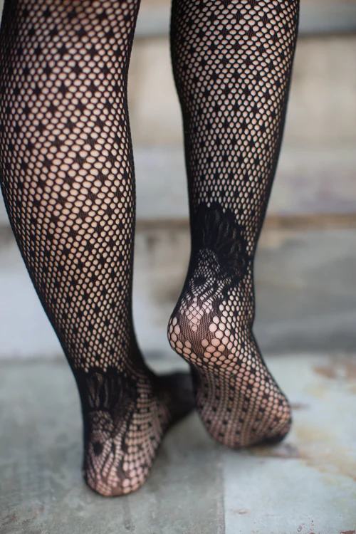 Polka Dot Fishnet Suspender Tights with Cuban Heel - Image 5